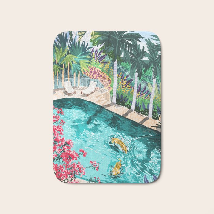 Luxury Tiger Villa Illustration, Architecture Travel Nature Painting, Hotel Landscape Garden Bath Mat