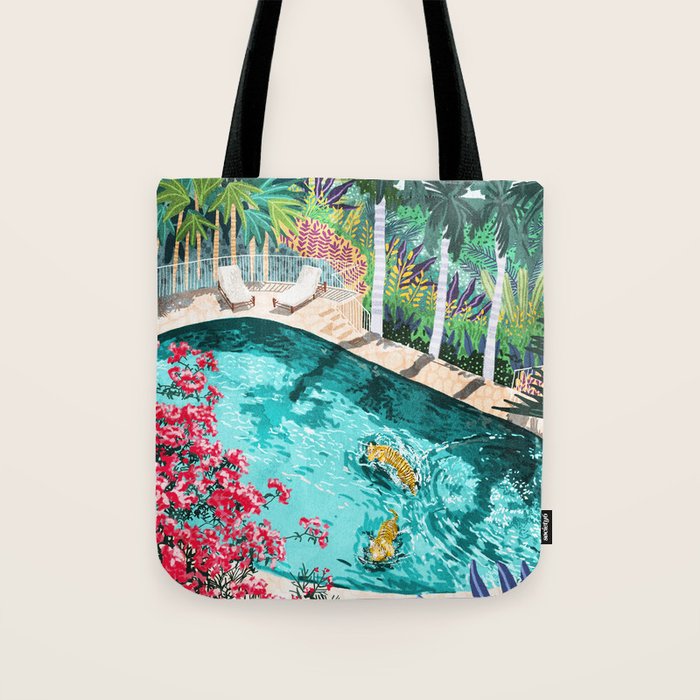 Luxury Tiger Villa Illustration, Architecture Travel Nature Painting, Hotel Landscape Garden Tote Bag