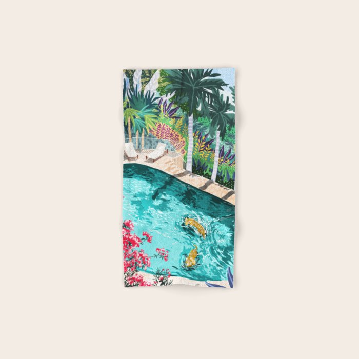 Luxury Tiger Villa Illustration, Architecture Travel Nature Painting, Hotel Landscape Garden Bath Towel