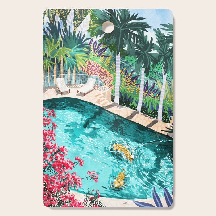 Luxury Tiger Villa Illustration, Architecture Travel Nature Painting, Hotel Landscape Garden Cutting Board