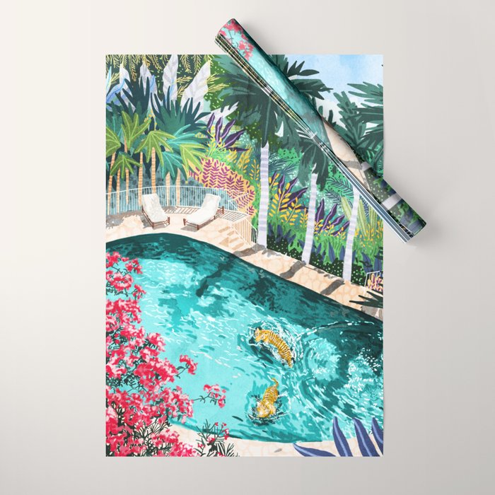 Luxury Tiger Villa Illustration, Architecture Travel Nature Painting, Hotel Landscape Garden Wrapping Paper