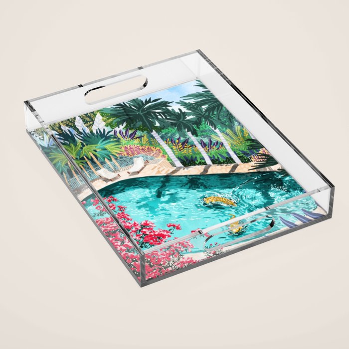 Luxury Tiger Villa Illustration, Architecture Travel Nature Painting, Hotel Landscape Garden Acrylic Tray