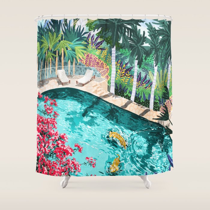 Luxury Tiger Villa Illustration, Architecture Travel Nature Painting, Hotel Landscape Garden Shower Curtain