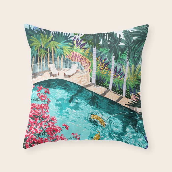Luxury Tiger Villa Illustration, Architecture Travel Nature Painting, Hotel Landscape Garden Throw Pillow