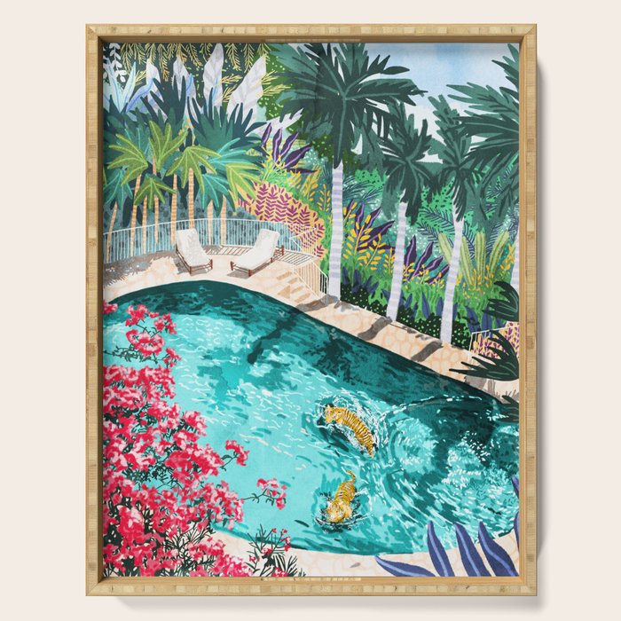 Luxury Tiger Villa Illustration, Architecture Travel Nature Painting, Hotel Landscape Garden Serving Tray