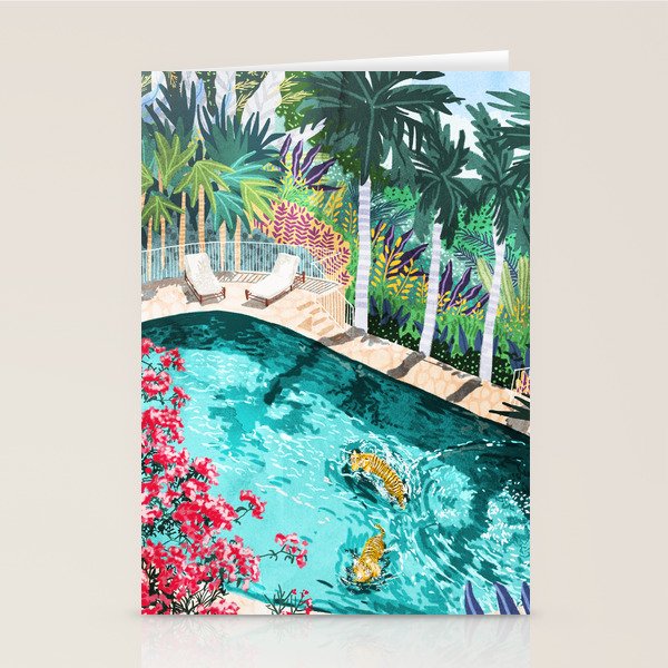 Luxury Tiger Villa Illustration, Architecture Travel Nature Painting, Hotel Landscape Garden Stationery Card