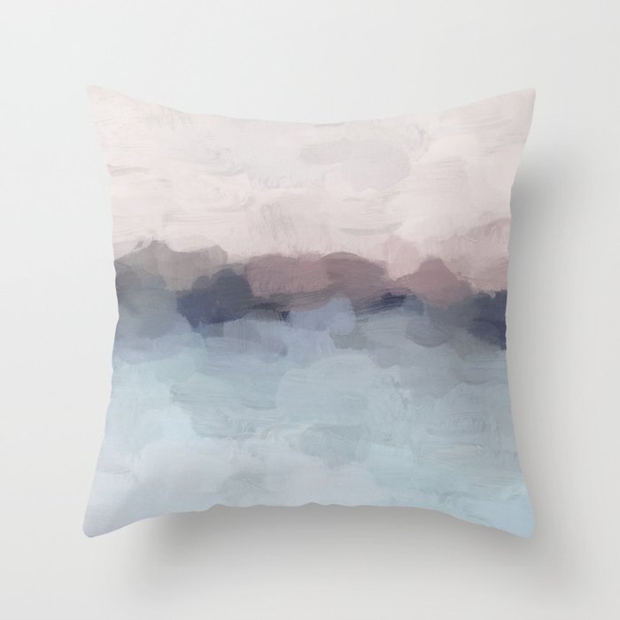 Blushing Seas - Pink Mauve Purple Navy Light Blue Abstract Painting Modern Ocean Waves Horizon Throw Pillow