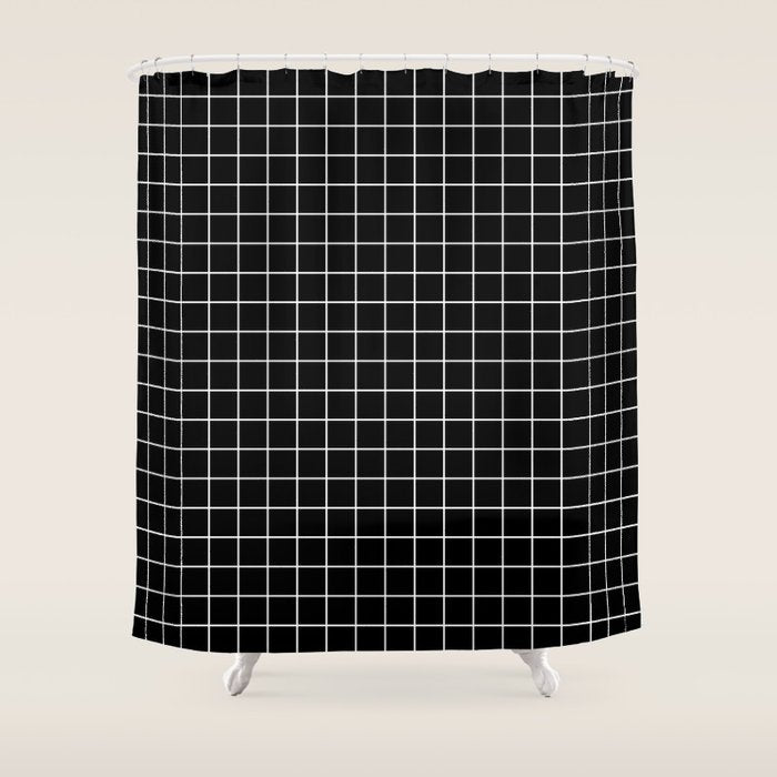 Black Grid White Lines| Black Aesthetic Shower Curtain