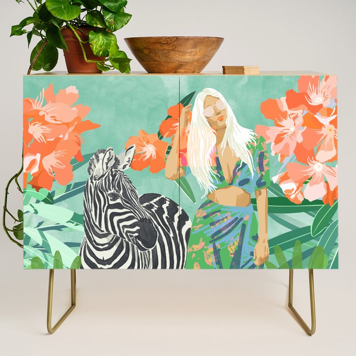 Never Change Your Stripes Illustration, Modern Bohemian Zebra Painting Wildlife Woman Credenza