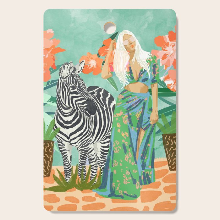 Never Change Your Stripes Illustration, Modern Bohemian Zebra Painting Wildlife Woman Cutting Board