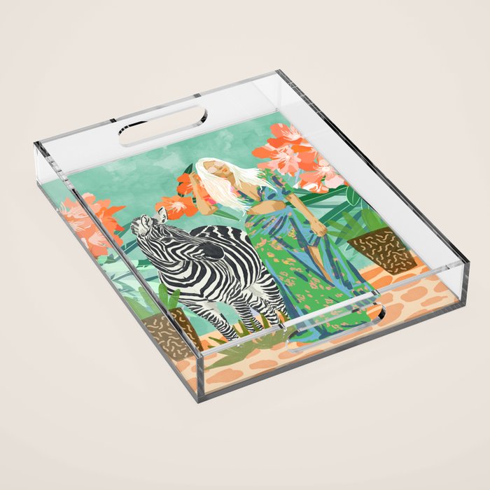 Never Change Your Stripes Illustration, Modern Bohemian Zebra Painting Wildlife Woman Acrylic Tray