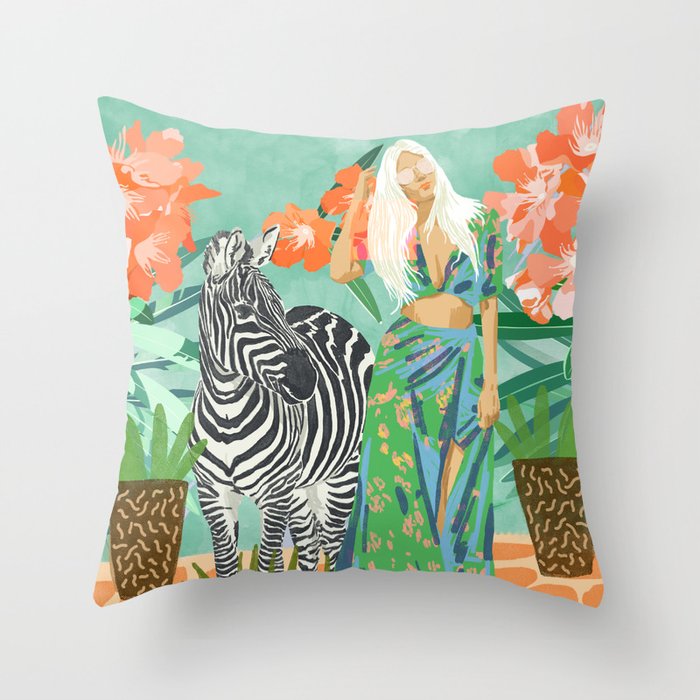 Never Change Your Stripes Illustration, Modern Bohemian Zebra Painting Wildlife Woman Throw Pillow