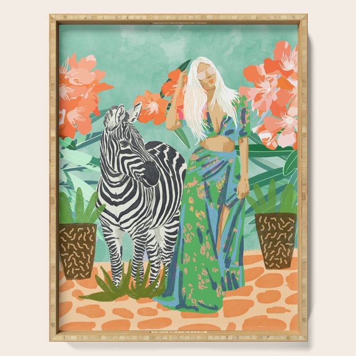 Never Change Your Stripes Illustration, Modern Bohemian Zebra Painting Wildlife Woman Serving Tray