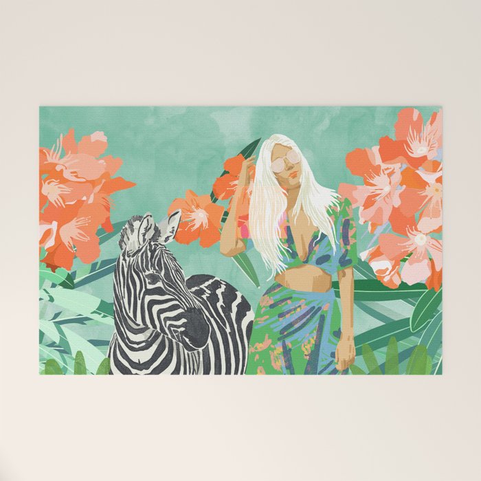 Never Change Your Stripes Illustration, Modern Bohemian Zebra Painting Wildlife Woman Welcome Mat