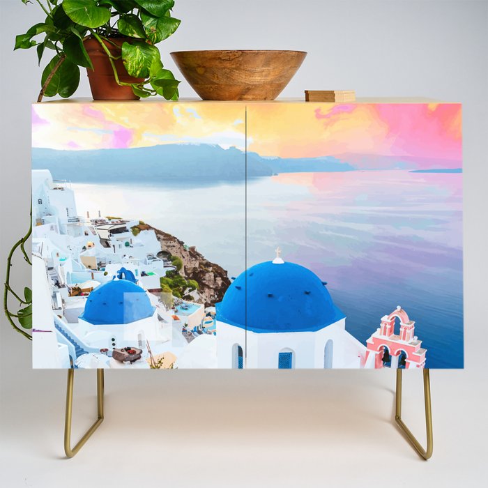 Greek Fantasy, Greece Travel Tropical Photography, Nature Landscape Ocean Architecture Graphic Credenza