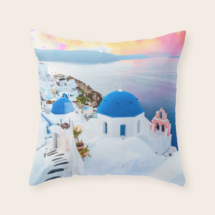 Greek Fantasy, Greece Travel Tropical Photography, Nature Landscape Ocean Architecture Graphic Throw Pillow