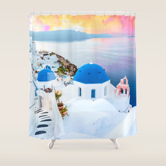 Greek Fantasy, Greece Travel Tropical Photography, Nature Landscape Ocean Architecture Graphic Shower Curtain