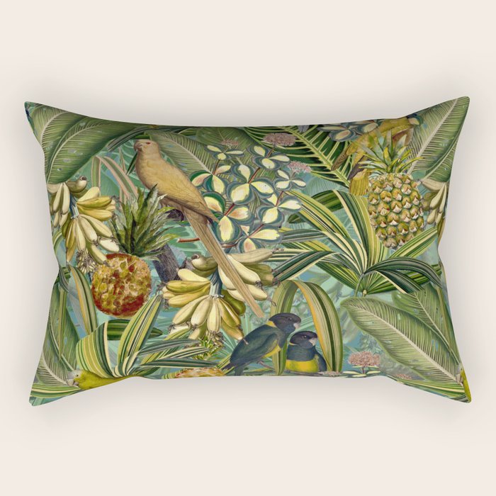 Vintage & Shabby Chic - Green Tropical Bird Flower Garden Rectangular Pillow