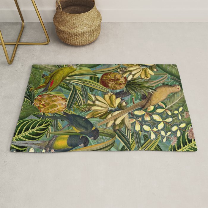 Vintage & Shabby Chic - Green Tropical Bird Flower Garden Rug