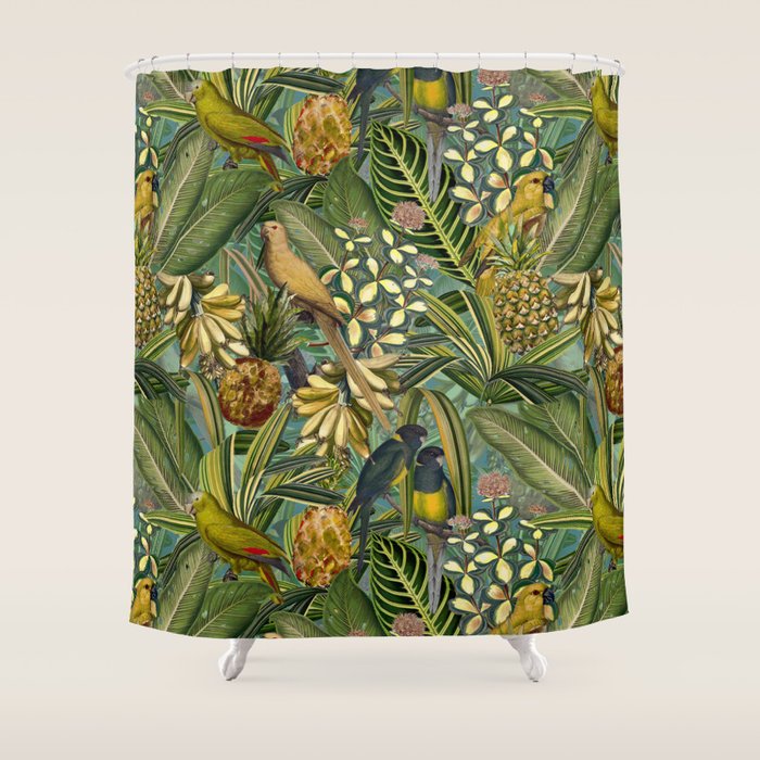 Vintage & Shabby Chic - Green Tropical Bird Flower Garden Shower Curtain