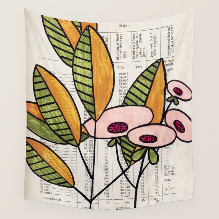Gouache 7, Minimalistic Flowers, Vintage Illustration Wall Tapestry