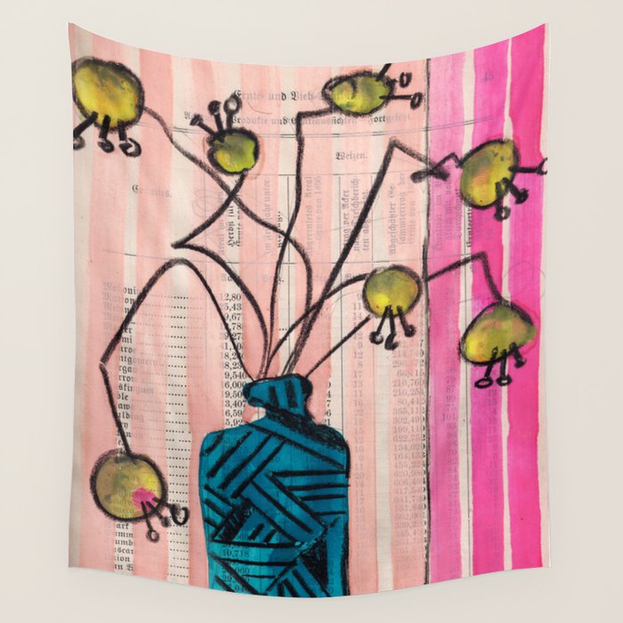 Gouache 6, Crazy Flowers In A Vase Mid Century Style Still Life Wall Tapestry