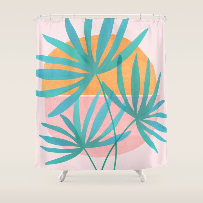 Teal And Pink Retro Sunset Palms Shower Curtain