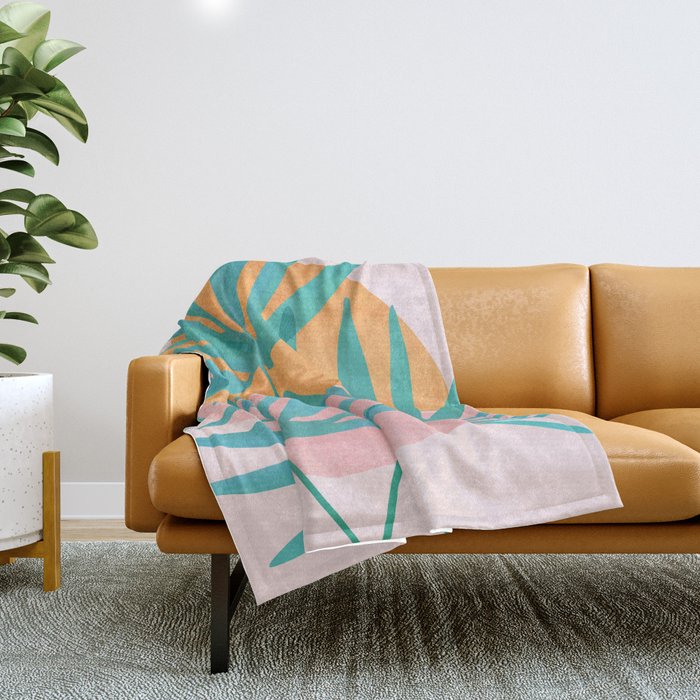 Teal And Pink Retro Sunset Palms Throw Blanket
