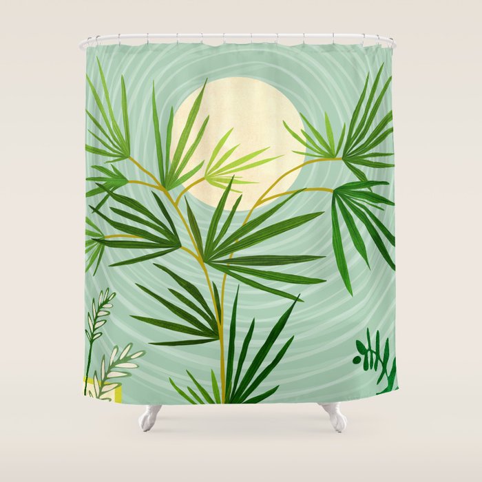 Midnight Moon Green Garden Scene Shower Curtain