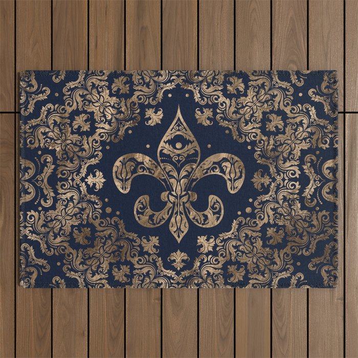 Luxury Fleur-De-Lis Ornament - Gold And Dark Blue Outdoor Rug