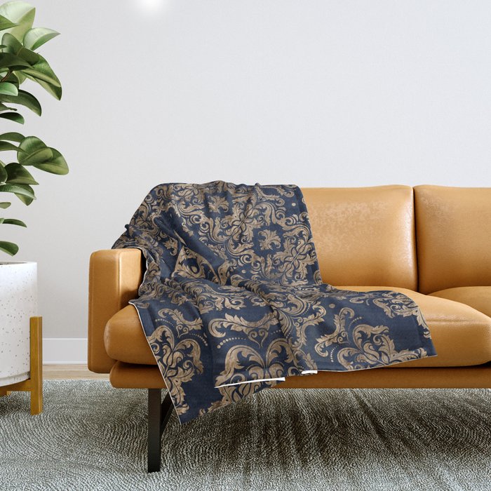 Luxury Fleur-De-Lis Ornament - Gold And Dark Blue Throw Blanket