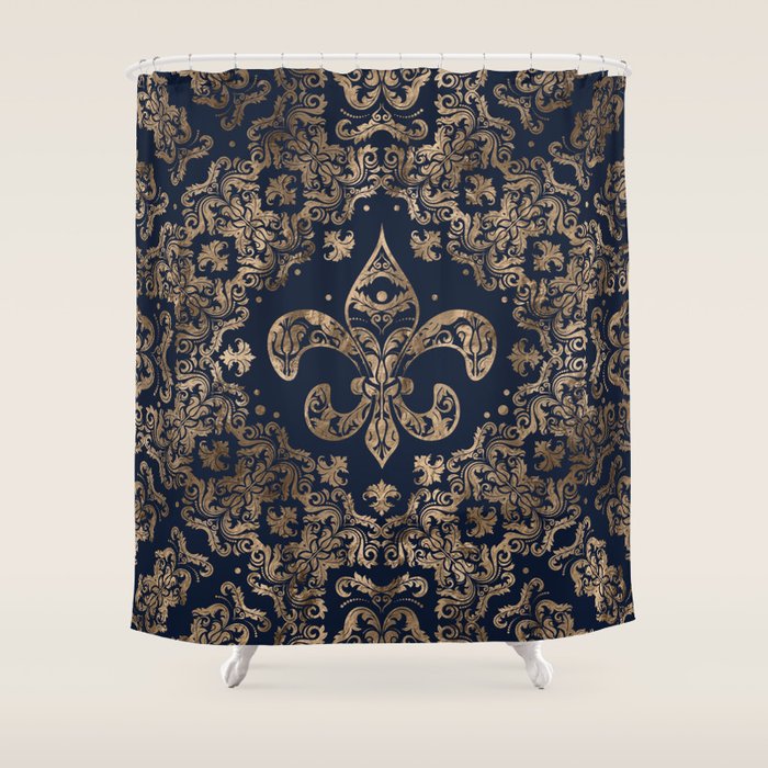Luxury Fleur-De-Lis Ornament - Gold And Dark Blue Shower Curtain
