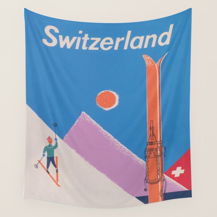 Switzerland Retro Vintage Ski Poster Wall Tapestry