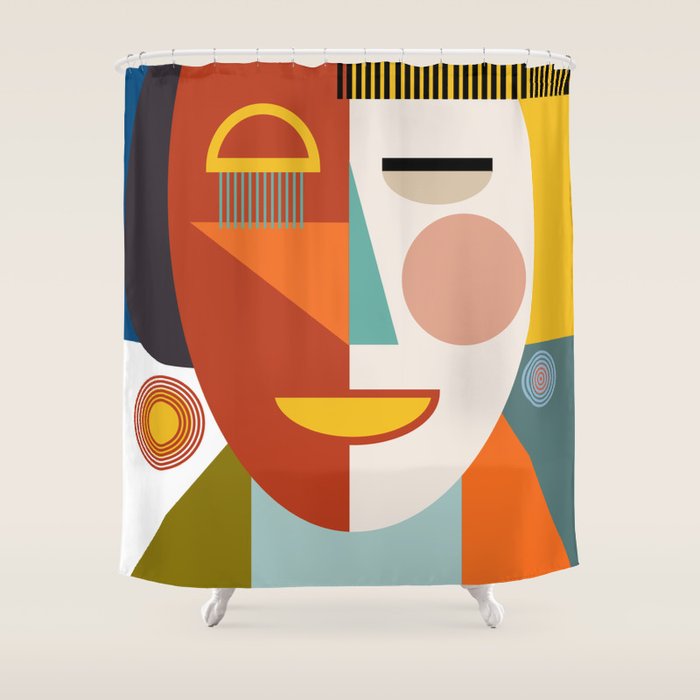 Mid Century Geometric Face Shower Curtain