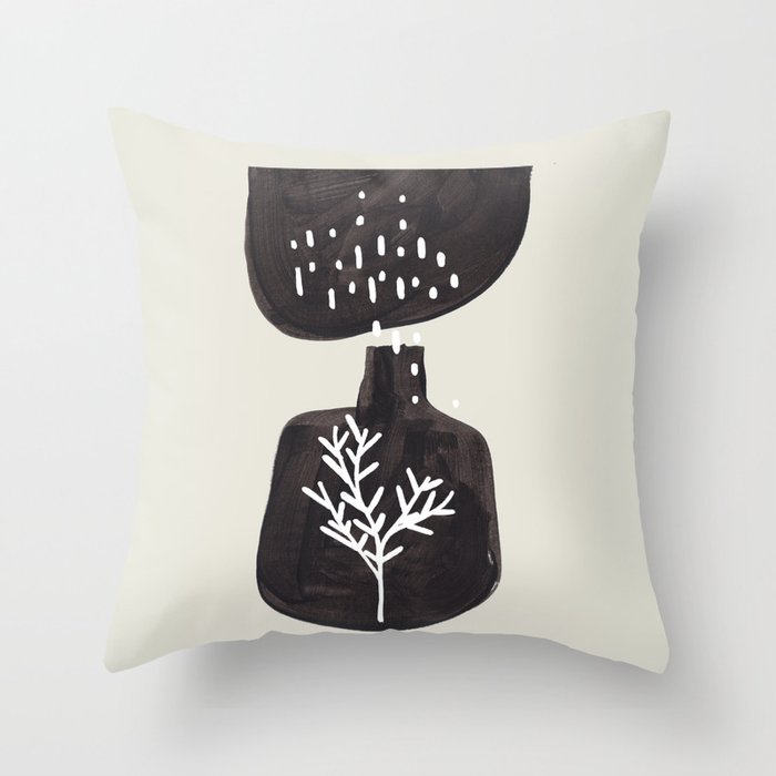 Mid Century Minimalist Black Ink Tribal Vase Abstract Vase Shapes Floral Plant Throw Pillow
