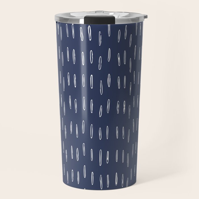 Boho Prints, Raindrops, Indigo Blue, Minimalism, Abstract Art Travel Mug