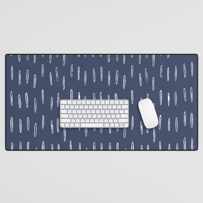 Boho Prints, Raindrops, Indigo Blue, Minimalism, Abstract Art Desk Mat