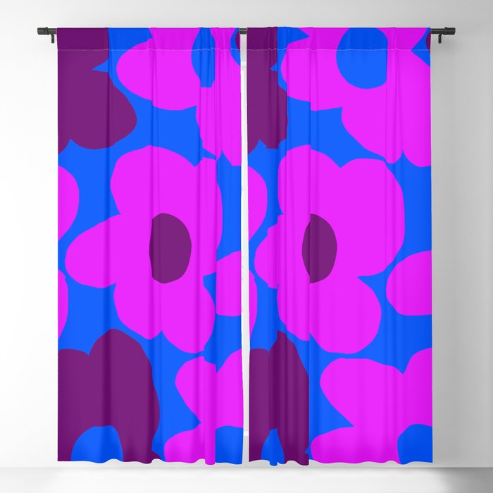 Large Pink And Purple Retro Flowers Blue Background #Decor #Homestorie #Buyart Window Curtain