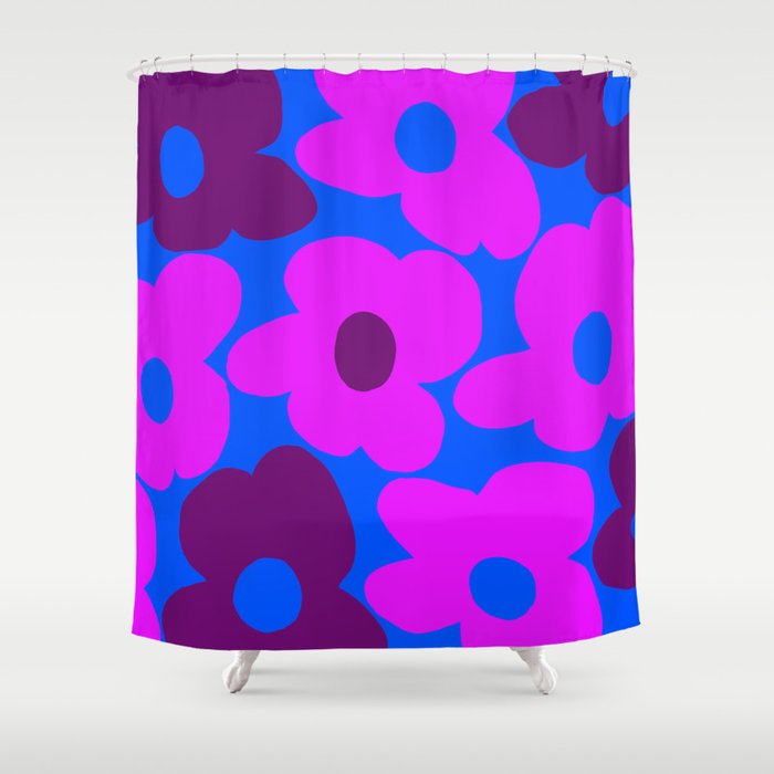 Large Pink And Purple Retro Flowers Blue Background #Decor #Homestorie #Buyart Shower Curtain
