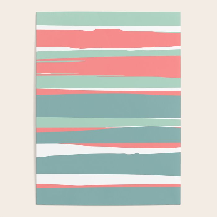 Festive, Abstract, Colorful Stripes, Coral And Teal Green Poster