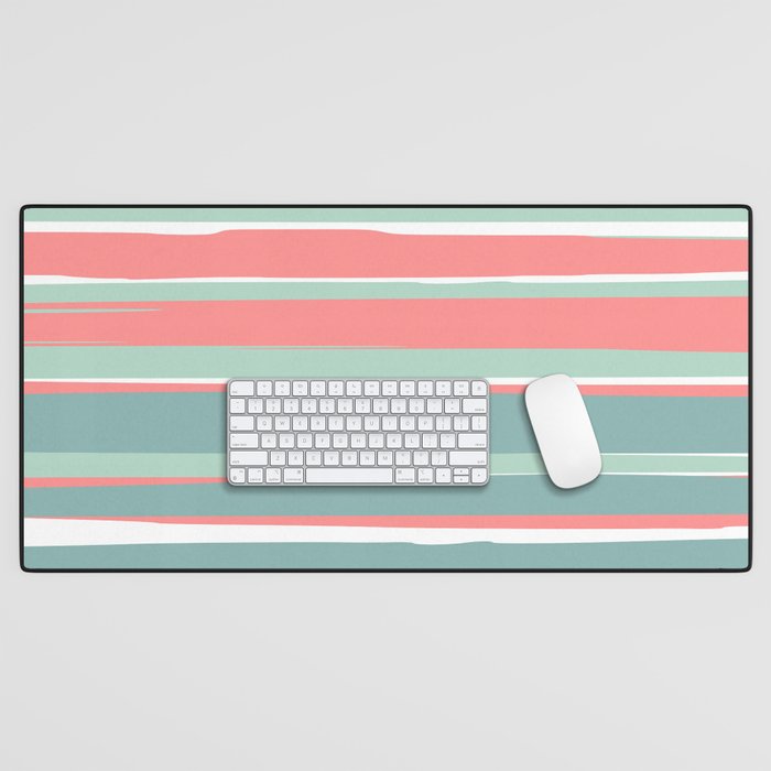 Festive, Abstract, Colorful Stripes, Coral And Teal Green Desk Mat
