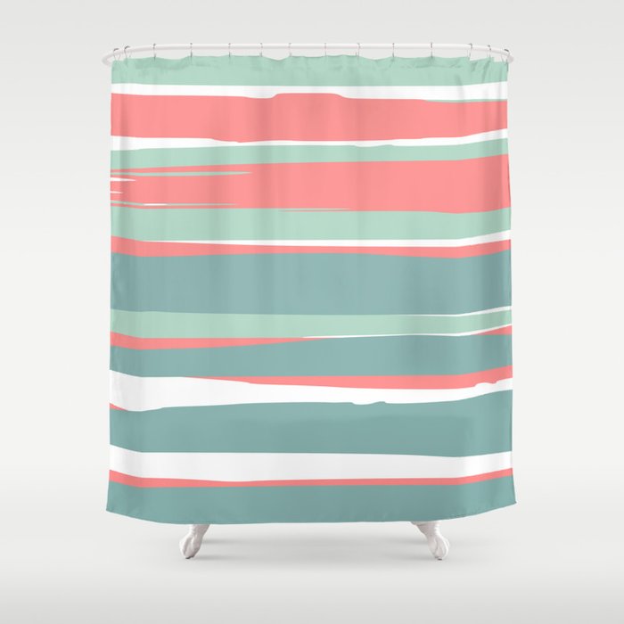 Festive, Abstract, Colorful Stripes, Coral And Teal Green Shower Curtain