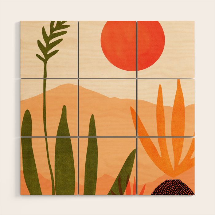 Golden California Desert Landscape Illustration Wood Wall Art