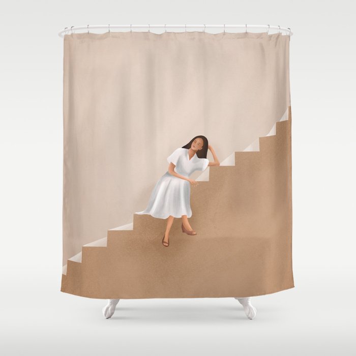 Girl Thinking On A Stairway Shower Curtain