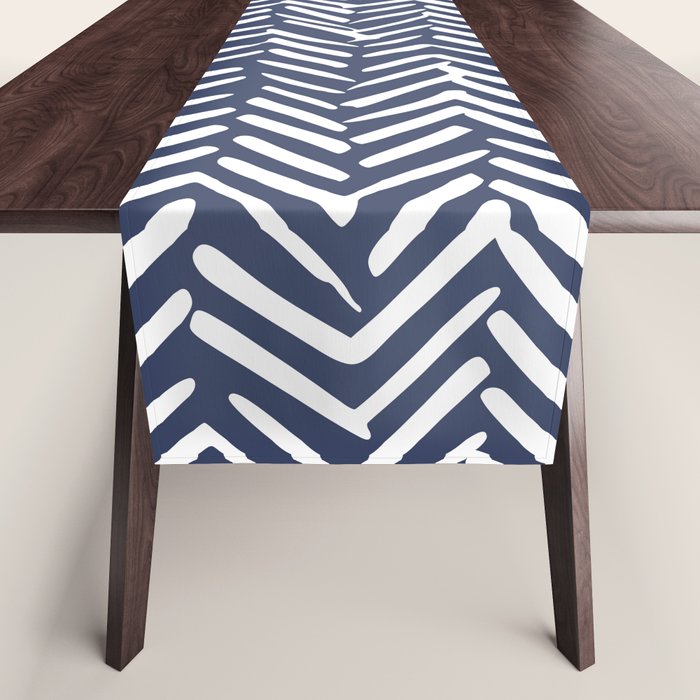 Boho Herringbone Pattern, Navy Blue And White Table Runner