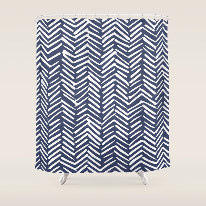 Boho Herringbone Pattern, Navy Blue And White Shower Curtain