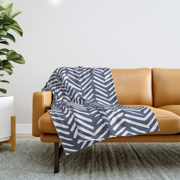 Boho Herringbone Pattern, Navy Blue And White Throw Blanket