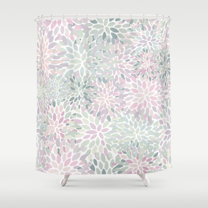 Festive, Floral Prints, Pink And Green, Modern Print Art Shower Curtain