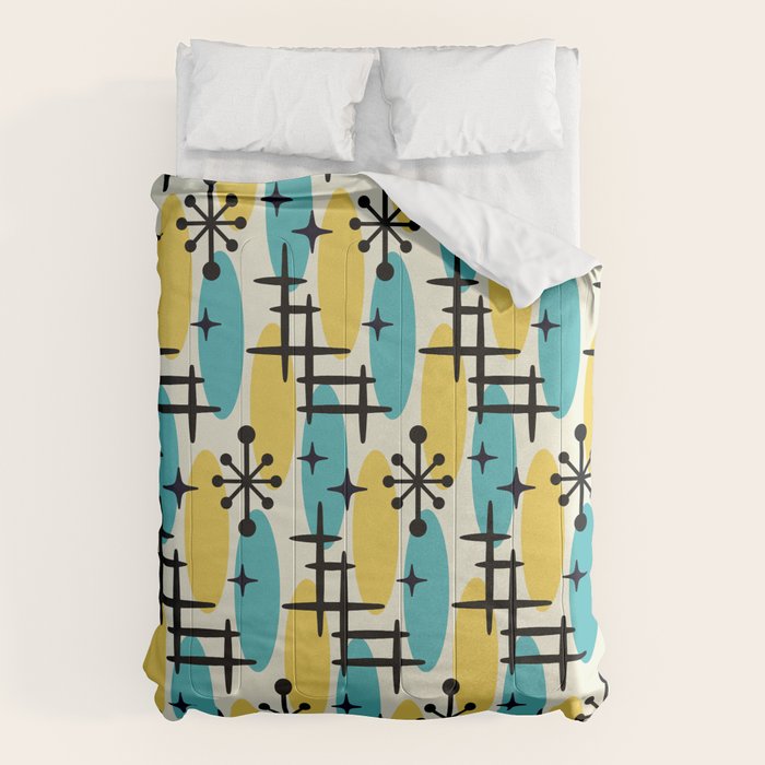 Retro Mid Century Modern Googie Design 231 Turquoise And Yellow Comforter