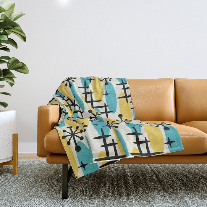 Retro Mid Century Modern Googie Design 231 Turquoise And Yellow Throw Blanket